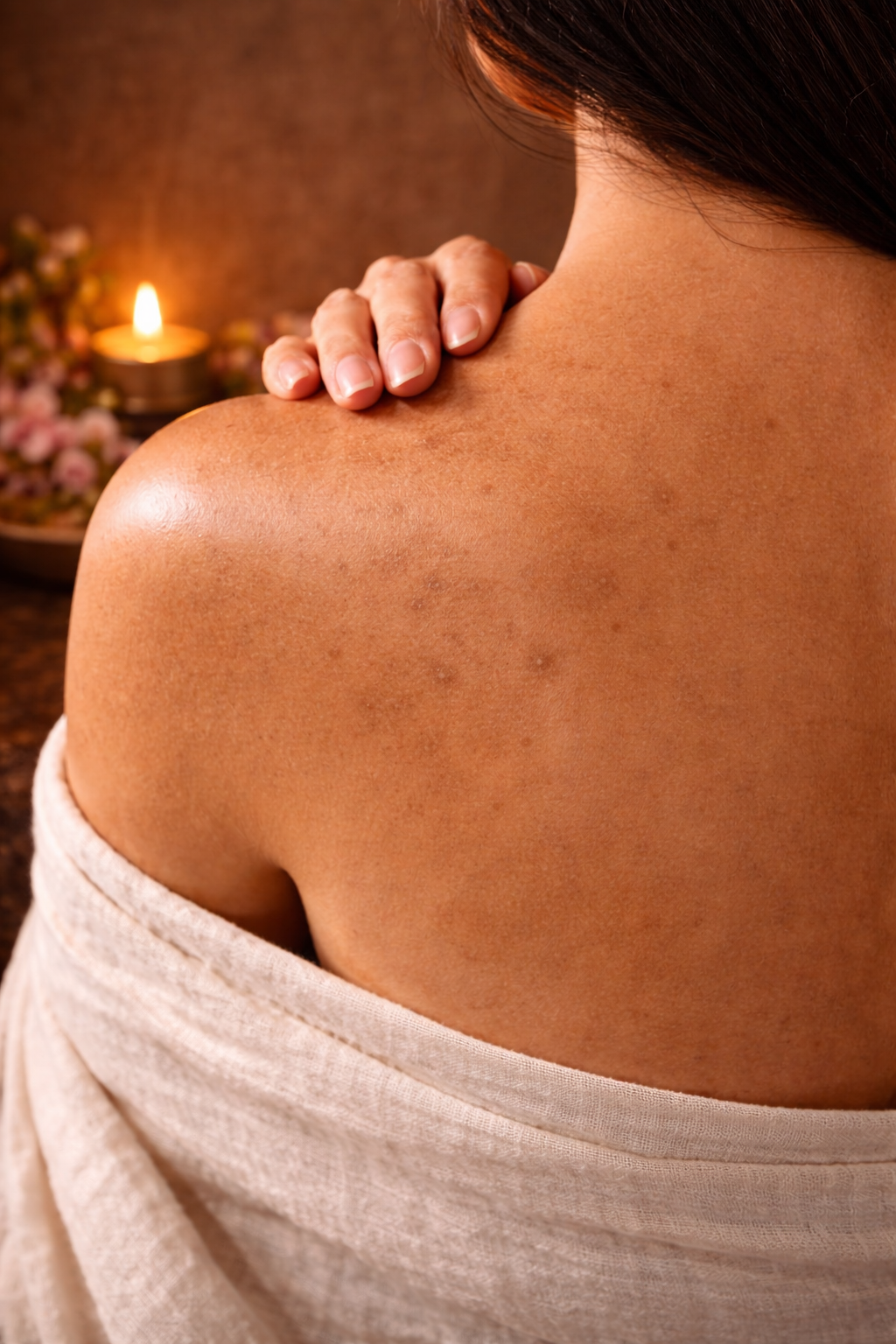 Hand holding body oil