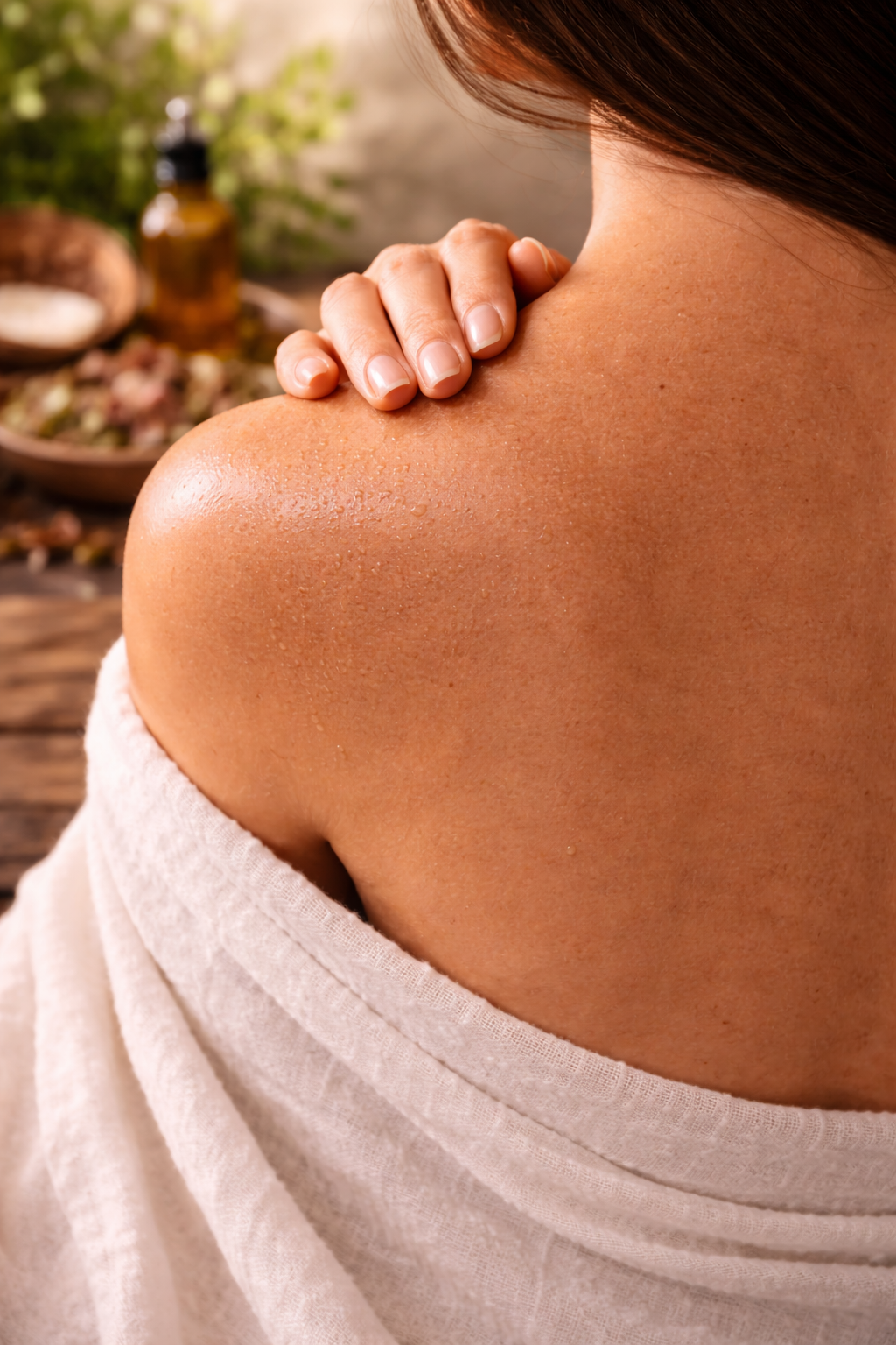 Hand holding body oil