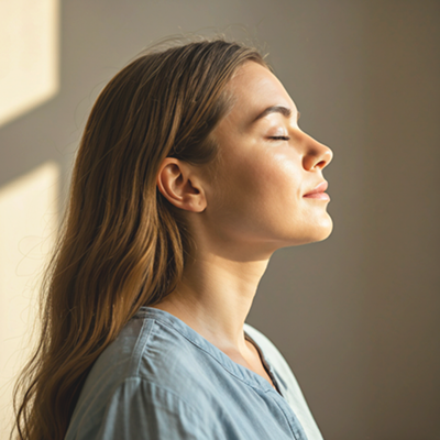 Deep inhalation of aromatic sandalwood and herbal essential oils